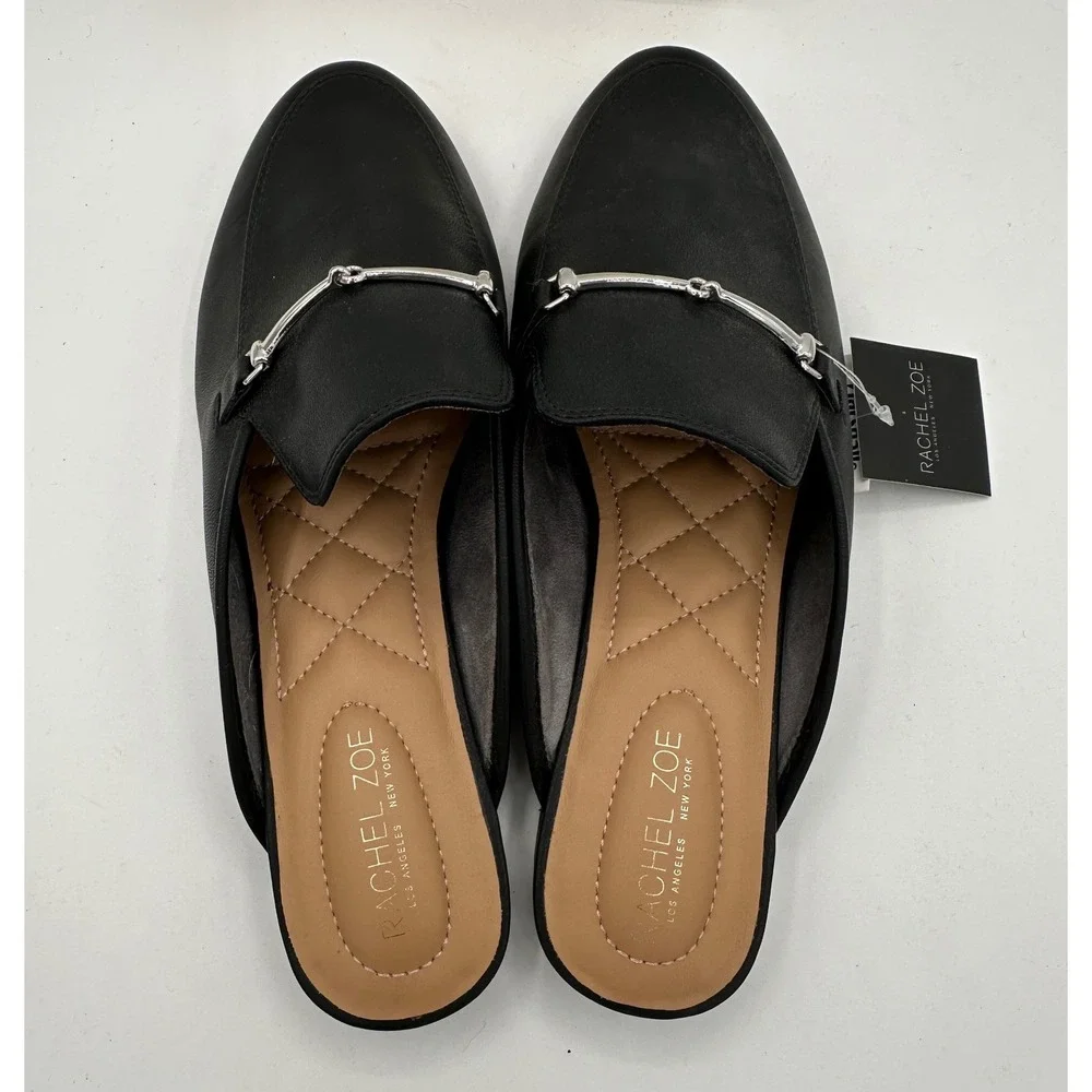 RACHEL ZOE Alani Black Faux Leather Mules Silver Horsebit Buckle Detail NWT 10 - Picture 4 of 12